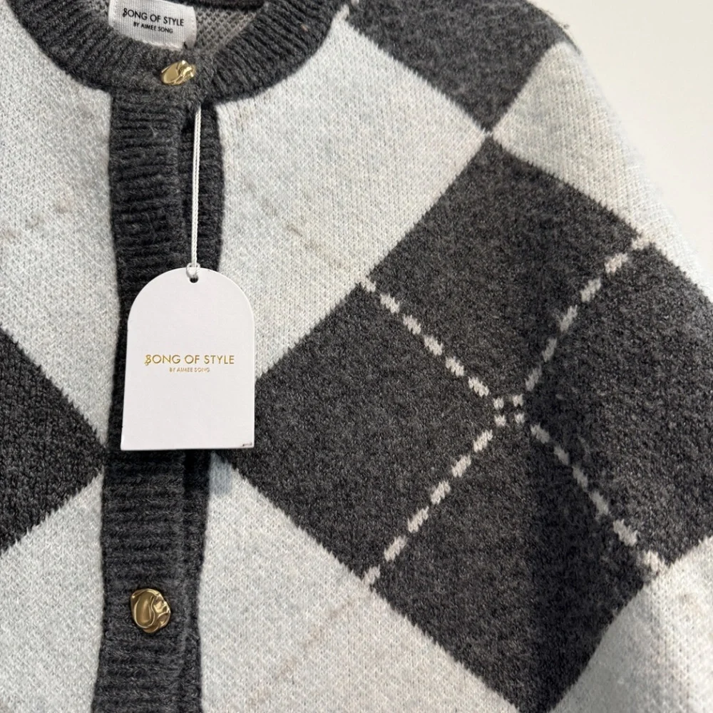 Song of Style Black and Light Blue Gray Argyle Cardigan - Picture 4 of 7